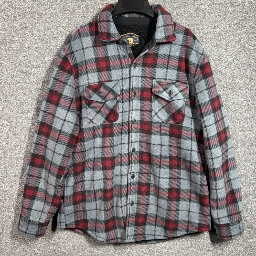 Freedom Foundry Plaid Shirt Jacket Mens L Sherpa Lined Fleece Red Grey